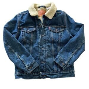 Levi's Mens Retro Dark Blue Denim Sherpa Lined Trucker Jacket Sz Small Button Up